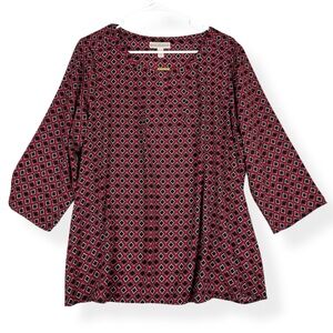 Dana Buchman Blouse Top Womens XL Pink Black White Geo 3/4 Sleeves